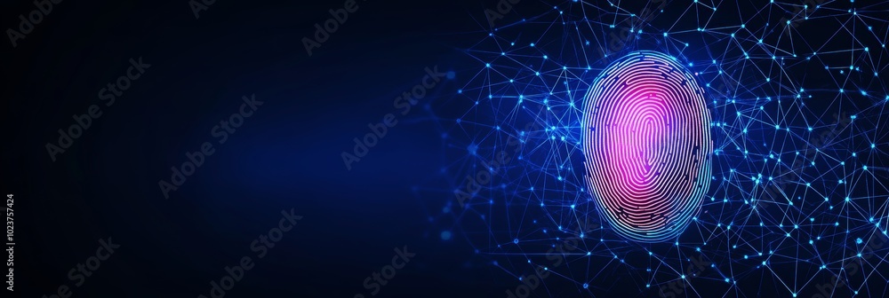 Poster glowing fingerprint with geometric network, cybersecurity and biometric identification concept.
