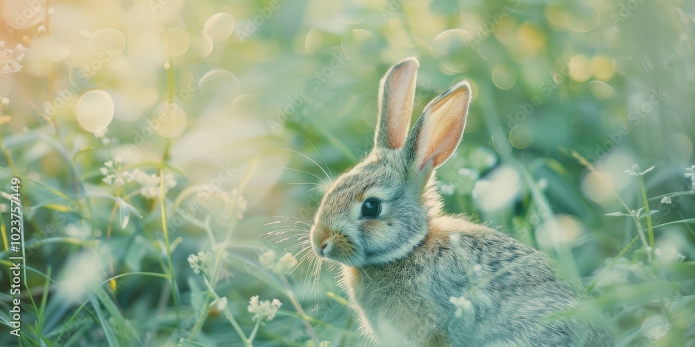 Poster a rabbit is standing in a field of grass. the rabbit is looking to the right. the grass is green and