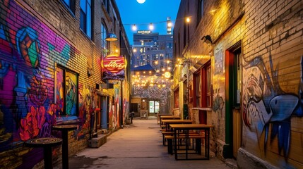 Vibrant Alleyway with Street Art and Lights at Night