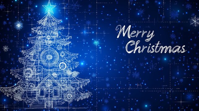 Intricate blueprint sketch of a Christmas tree and holiday cabin with warm festive greetings for engineers and architects