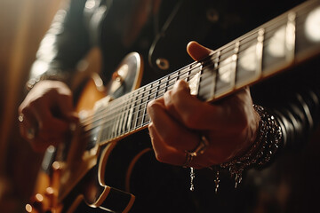 Fototapeta premium Strumming melodies on a sunburst electric guitar in a dimly lit room