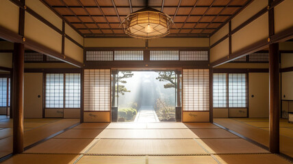 Fototapeta premium Traditional Japanese Home Interior With Sliding Doors and Tatami Mat Flooring