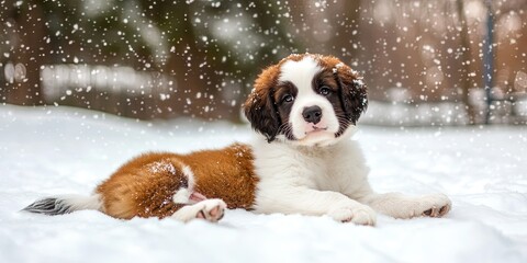 st bernard puppy in the winter snow 