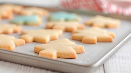 Freshly baked star-shaped sugar cookies cooling on metal baking sheet. National Cookie Cutter Day