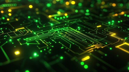 Futuristic green and yellow glowing circuit board close-up..