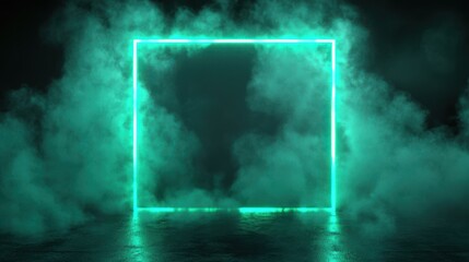 Glowing neon square frame in smoky atmosphere, futuristic portal concept..