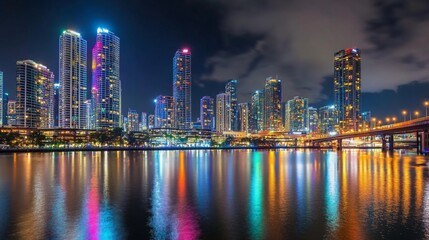 Fototapeta premium Vibrant Cityscape at Night Reflecting on Water