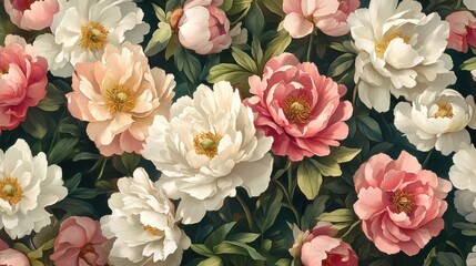 Lush floral pattern with soft pink and white peonies in bloom.
