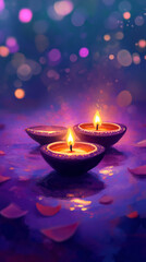 Lit diya traditional oil lamp on colorful abstract rangoli background. Deepavali, Diwali. Hindu festival of lights. Template  with copy space for greeting card, banner, poster for Indian holidays