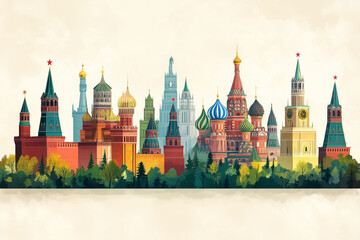 Fototapeta premium Colorful illustration of Russian architecture in a dreamy landscape