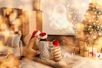 Happy family in Santa hats watching Christmas movie on projector screen at home, back view