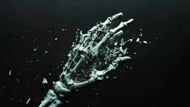 Dynamic Slow-Motion Shattering Skeleton Hand in Dark Atmosphere