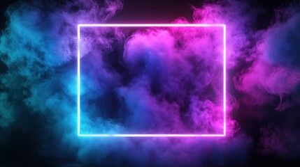 Neon glowing square frame with vibrant purple and blue smoke.

