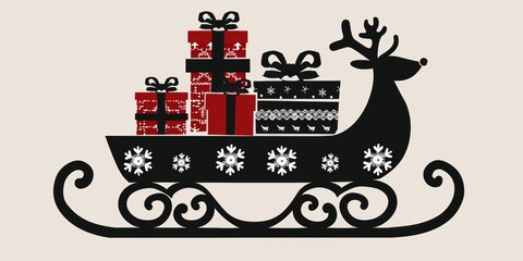 Obraz premium A sleigh with a reindeer on top is filled with presents. The reindeer is holding a bow and the presents are wrapped in red and white
