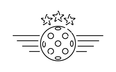 Pickleball line icon. Ball for paddle with stars. Sport equipment for tennis. Emblem for league and tournament. Branding and identity. Outline vector illustration isolated on white background