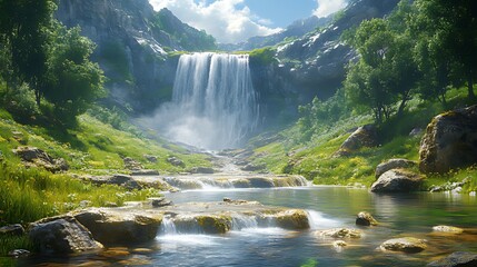 A cascading waterfall flows down a rocky cliff face, surrounded by lush green vegetation and a clear blue sky with fluffy clouds.