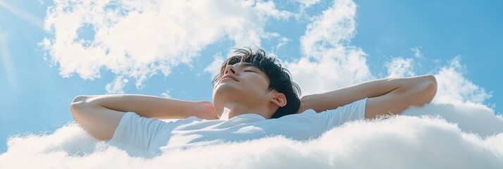 man lying down on a cloud floating in the white sky, arms are behind his head, calm and tranquil, 