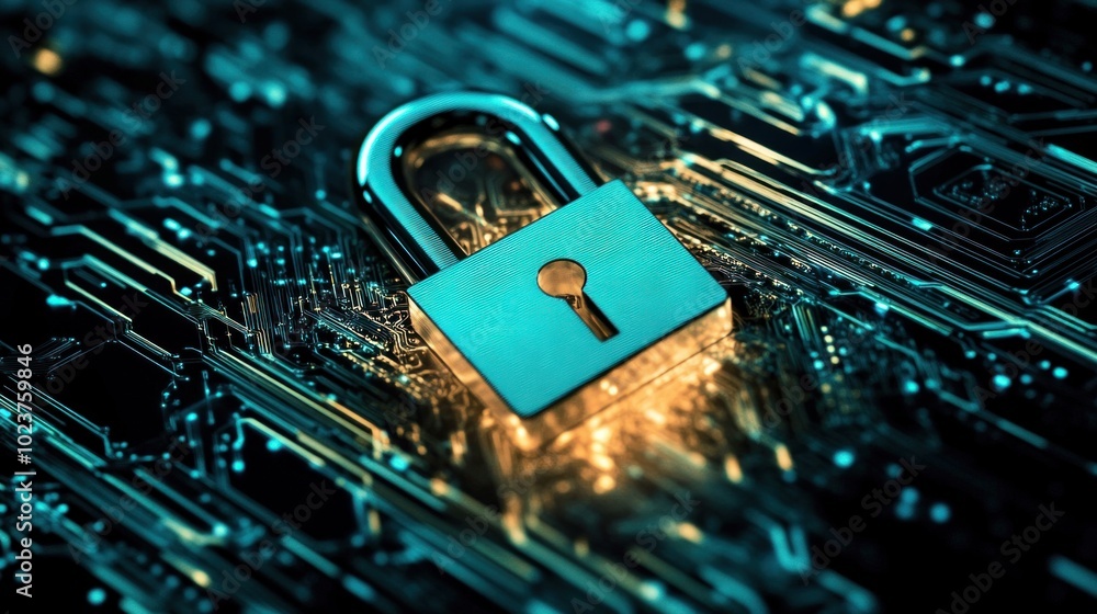 Poster a digital padlock on a circuit board, symbolizing cybersecurity and data protection.