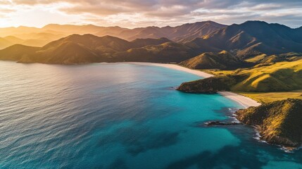 Aerial view of a tropical coastline with turquoise water and green hills.
