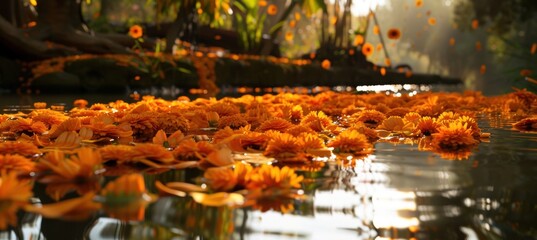 Vibrant Marigold Petals Floating on Riverside Water for Day of the Dead Celebration