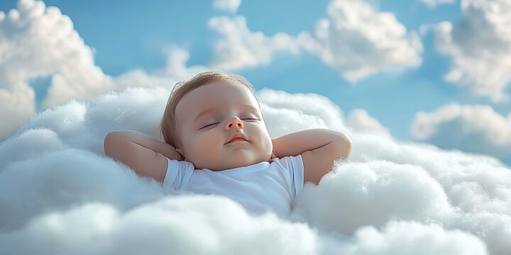 child lying down on a cloud floating in the white sky, arms are behind his head,