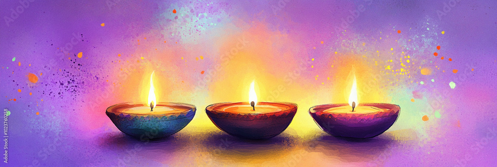 Wall mural lit diya traditional oil lamp on colorful abstract rangoli background. deepavali, diwali. hindu fest