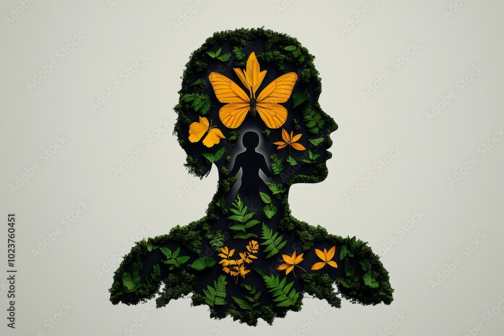 Poster a simple abstract illustration of a person surrounded by nature, representing the balance and well-b
