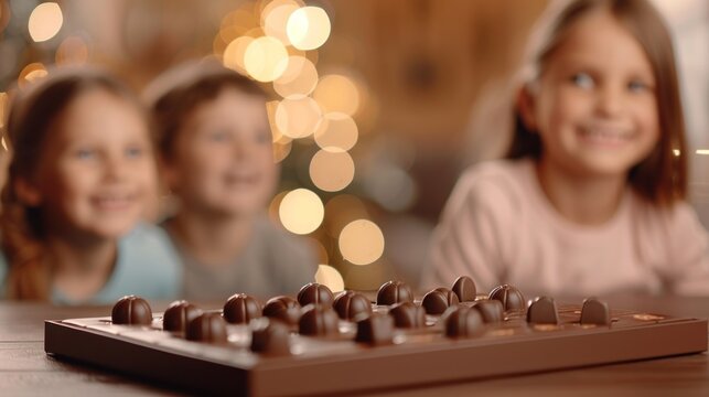 Children enjoying Christmas chocolates in warm festive setting with twinkling lights. Advent calendar begins