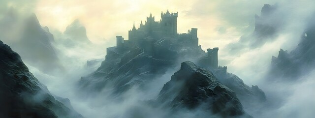 A misty mountain range with an ancient castle perched on the peak, surrounded by dense forests and winding paths leading to hidden castles nestled in the mountains