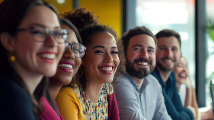Obraz premium Diverse and inclusive group of office colleagues smiling at a team building workshop event, workplace race inclusion and diversity concept