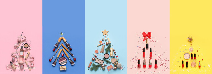 Set of Christmas trees made of cosmetics and decorations on color background