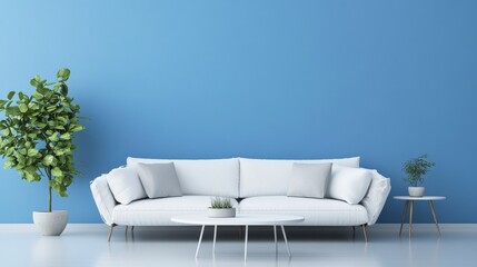 Contemporary interior with white couch and potted plants on blue background.