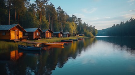 Obraz premium A row of small wooden cabins on a lake in a forest, with boats tied up at the shore. The sun is setting and the water is calm and reflects the sky.