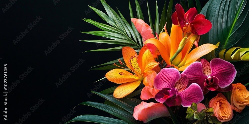 Wall mural A stunning arrangement of vibrant flowers designed to bring joy and beauty. Tropical blooms shine brightly against a dark backdrop. Perfect for decoration or as a gift. AI