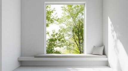 Minimalist window view with greenery and natural light.