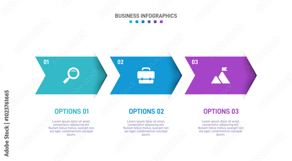 Poster horizontal progress bar featuring 3 arrow-shaped elements, symbolizing three six stages of business 