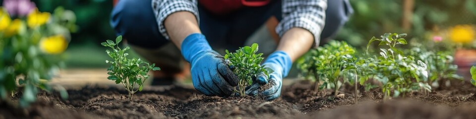 Fototapeta premium Gardener Planting Flowers and Trees in Backyard