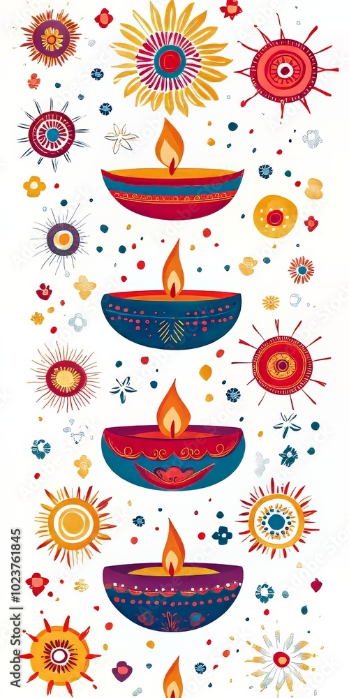 Poster clean white backdrop with vibrant diwali patterns and simple festive elements.