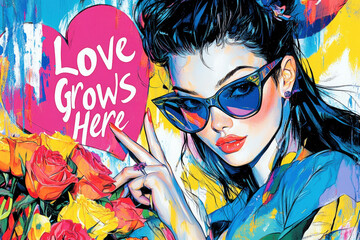 Beautiful Woman with Sunglasses Holding a Bouquet of Roses with "Love Grows Here" Slogan
