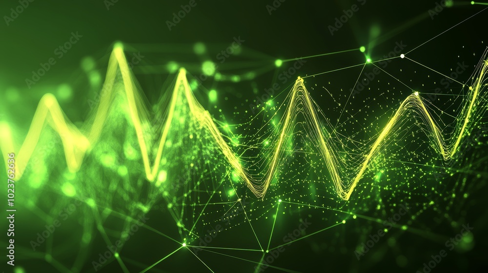 Poster abstract green wavy lines with digital particles, network connections, and data flow visualization.