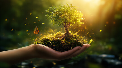 Fototapeta premium A hand holds a growing tree