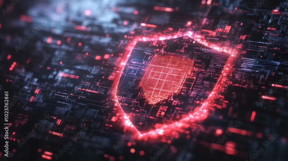 Poster digital shield symbolizing cybersecurity amidst a network of glowing data.