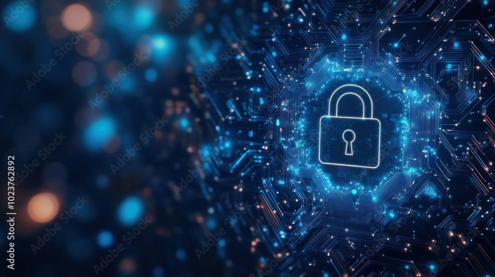 Poster a digital lock symbol on a circuit-like background representing cybersecurity and protection.