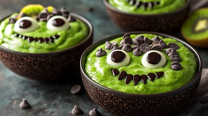 Monster smoothie bowls, topped with kiwi slices as eyes and chocolate chips as teeth, 