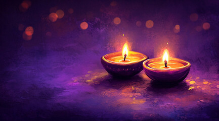 Lit diya traditional oil lamp on colorful abstract rangoli background. Deepavali, Diwali. Hindu festival of lights. Template with copy space for greeting card, banner, poster for Indian holidays