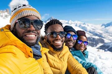 Group of friends smiling in colorful winter gear on sunny snowy mountain
