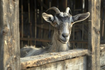 Adorable goat in the wooden farm cage