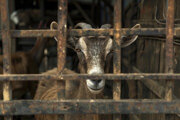 Adorable goat in the wooden farm cage