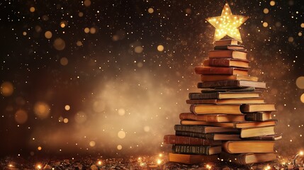 Creative Christmas tree made of stacked books with star topper