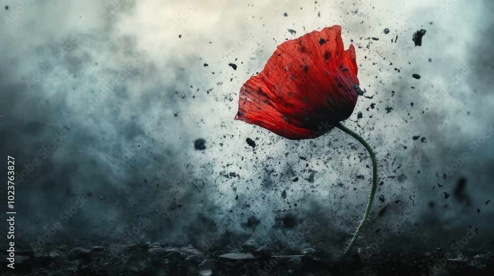 Poster Conceptual image of a red poppy transforming into a war memorial, symbolizing the connection between sacrifice and peace.